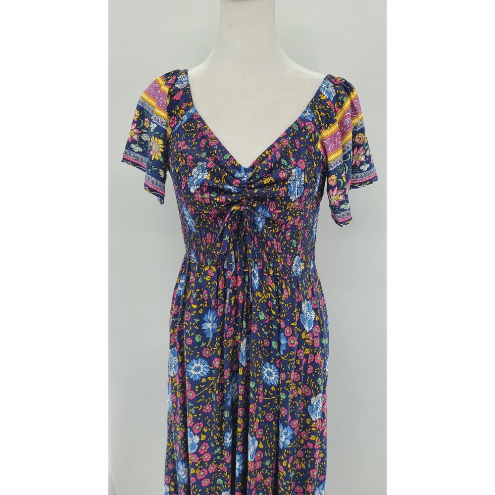 Babydoll Bohemian Western Maxi Dress M Floral Flounce Smocked Ruched Blue NWT - Picture 5 of 13